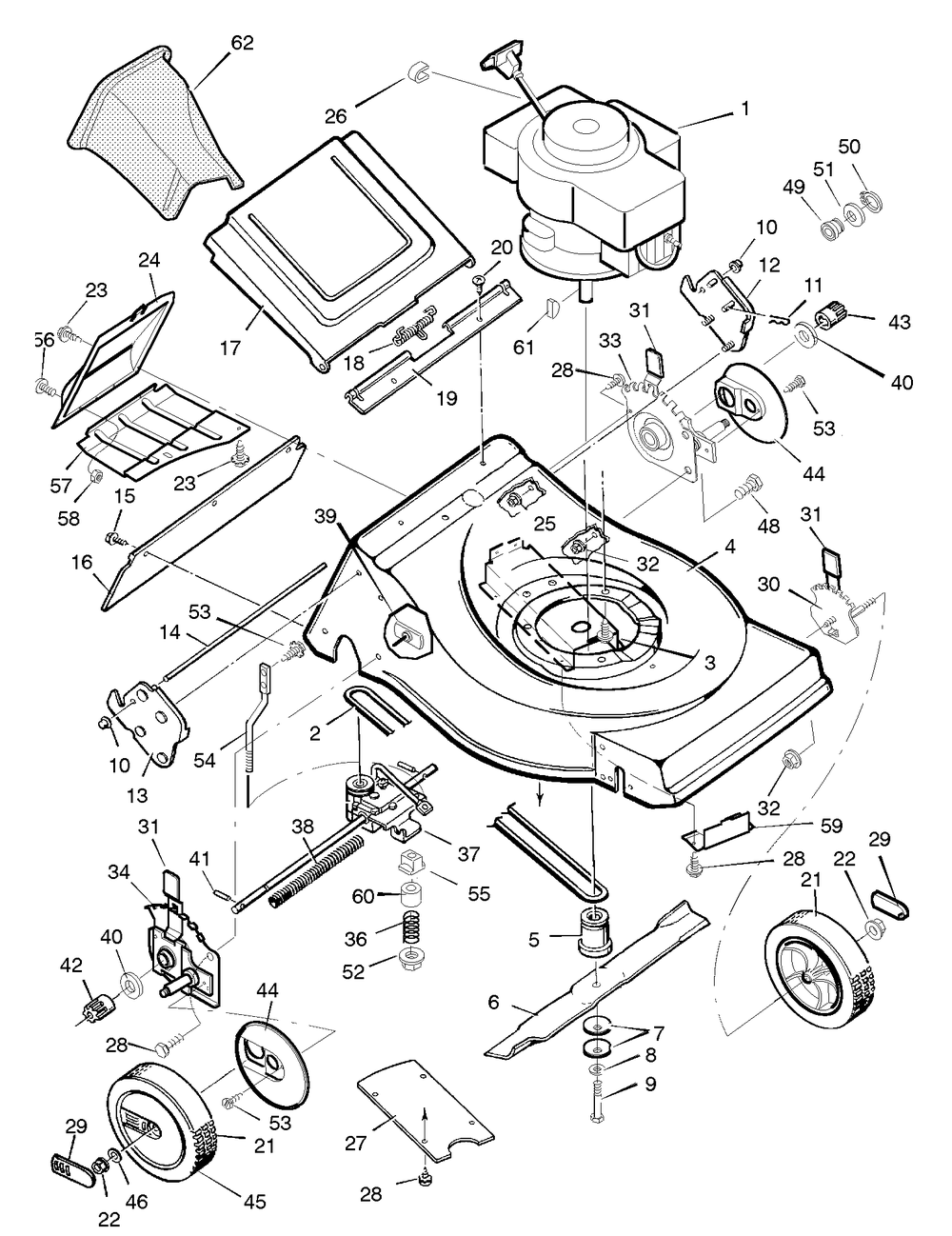 Mower Housing Assembly Diagram and Parts List for 21785X8D 1996 Briggs and Stratton Lawn Mower